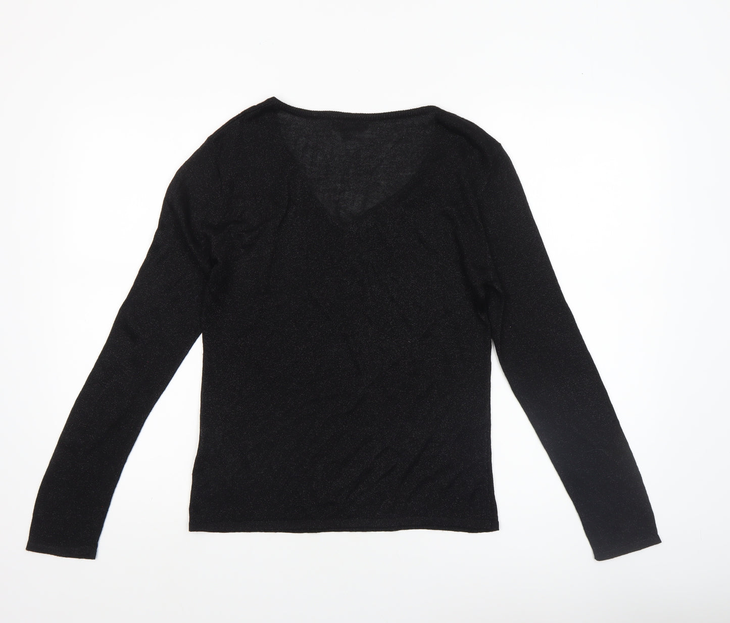Reflections Womens Black V-Neck Long Sleeve Pullover Jumper Size S