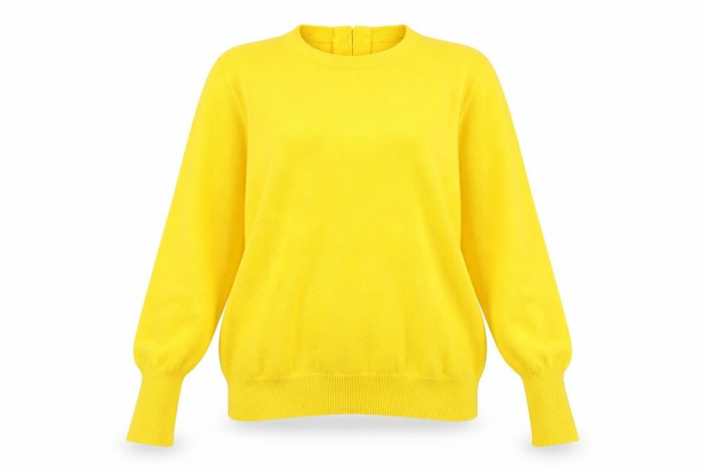 Front view of Savida Women's Yellow Crew Neck Long Sleeve jumper, size 14