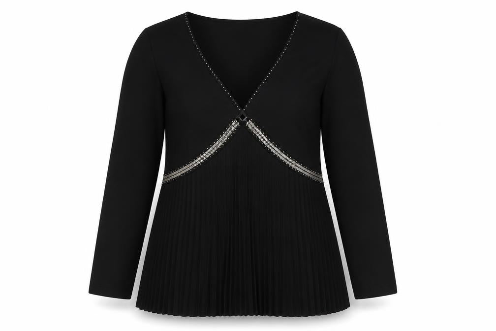 Front view of Gerry Weber Women Black Beaded Pleated Tunic Blouse, size 16