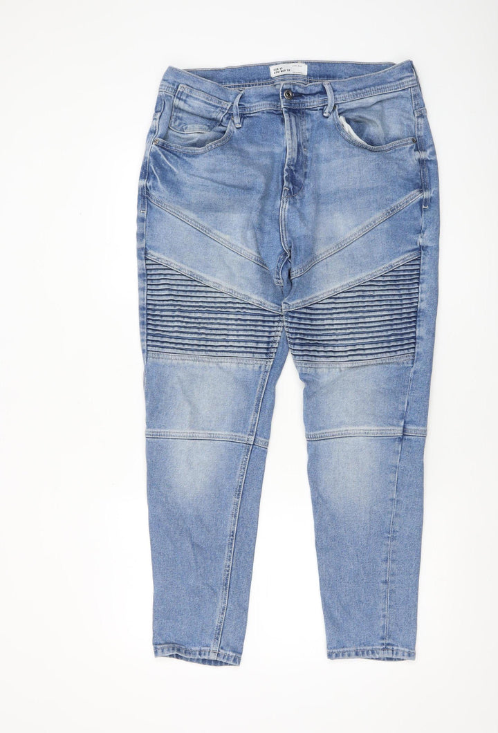 Zara Man Blue Slim Tapered Rib Panel Stretch Denim Jeans 32 in