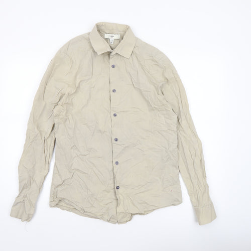 River Island Men’s Beige Cotton Long Sleeve Button-Up Shirt M