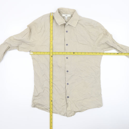 River Island Men’s Beige Cotton Long Sleeve Button-Up Shirt M