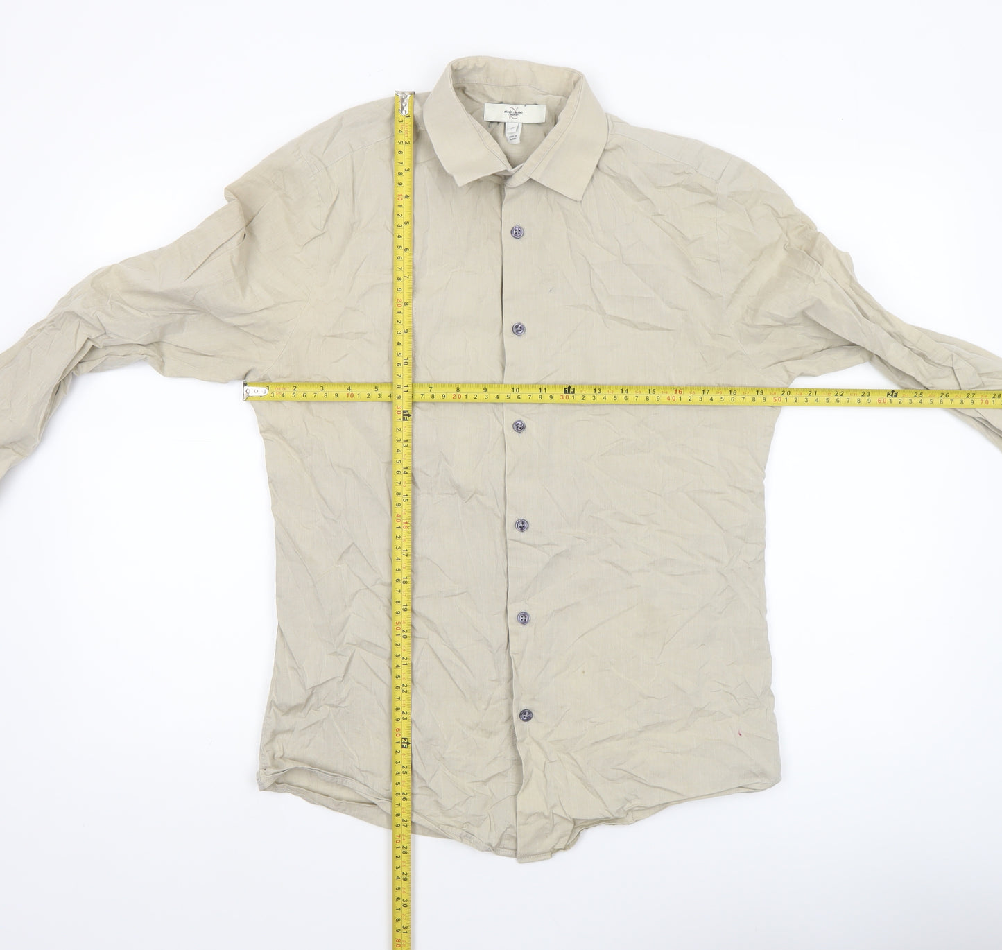 River Island Men’s Beige Cotton Long Sleeve Button-Up Shirt M