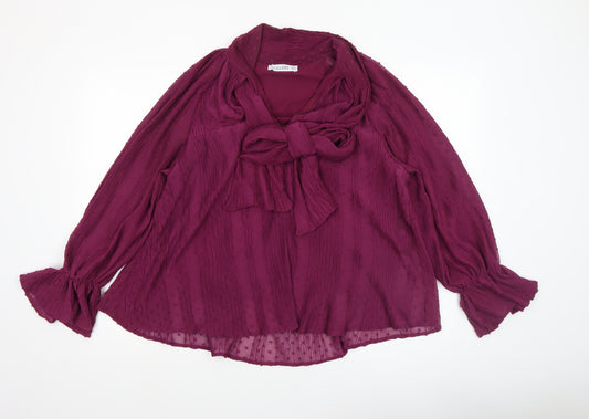 Gallery Women Purple Long Sleeve Bow Neck Tunic Blouse Size 12