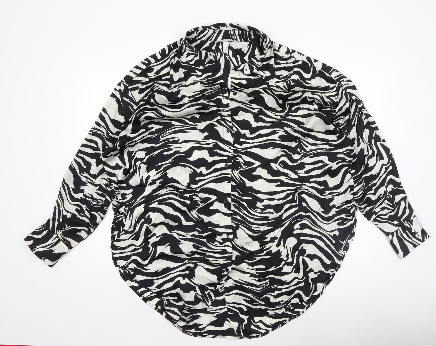 H&M Women’s Black White Animal Print Button-Up Shirt Size 12
