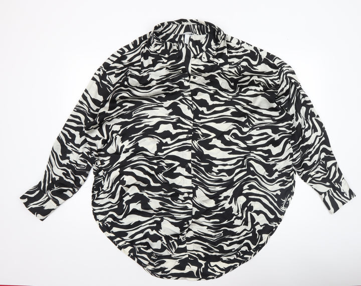 H&M Women’s Black White Animal Print Button-Up Shirt Size 12