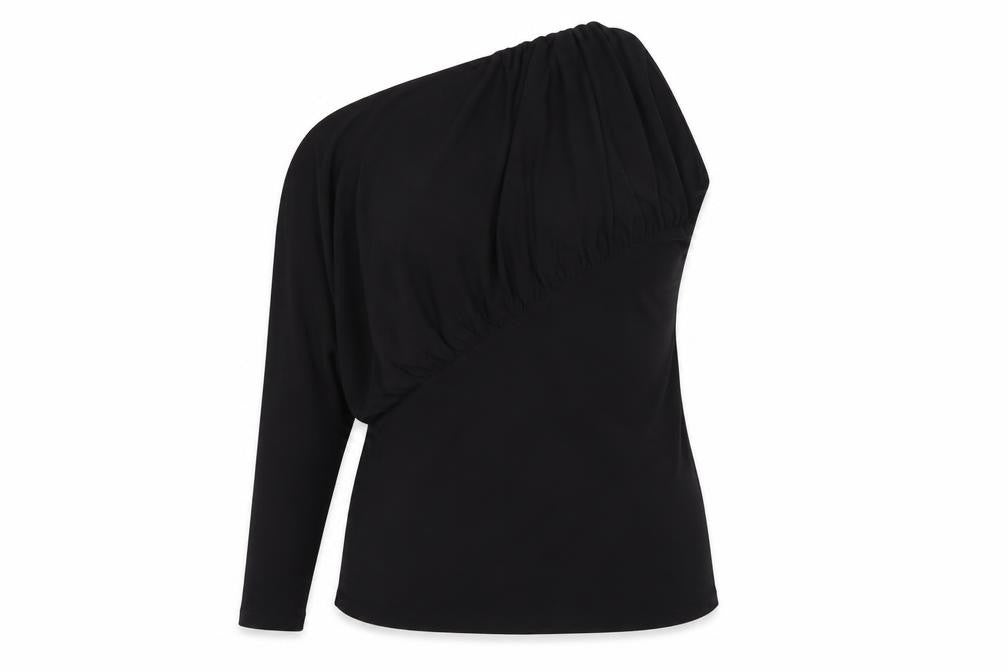 Front view of H&M Women's Black One Shoulder Ruffle Stretch Blouse, size 14