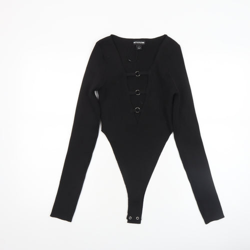 PrettyLittleThing Women’s Black Ribbed Long Sleeve Bodysuit Size M