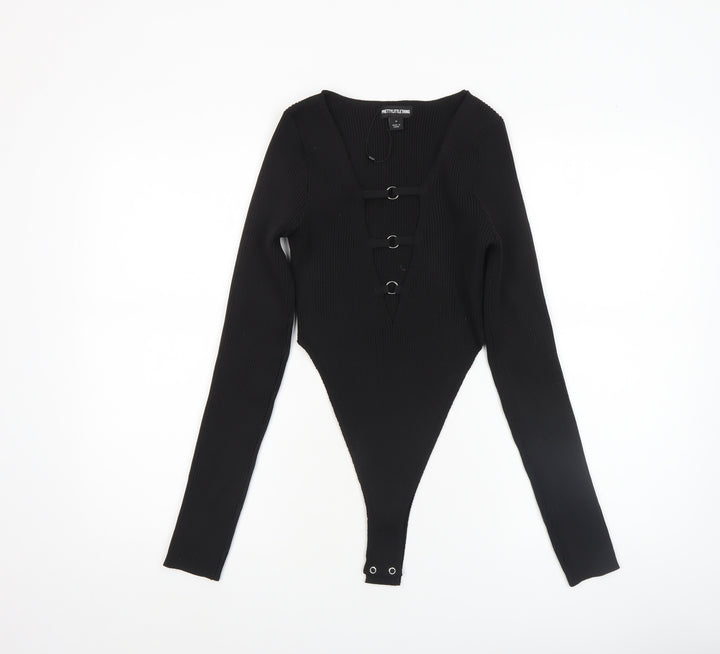 PrettyLittleThing Women’s Black Ribbed Long Sleeve Bodysuit Size M