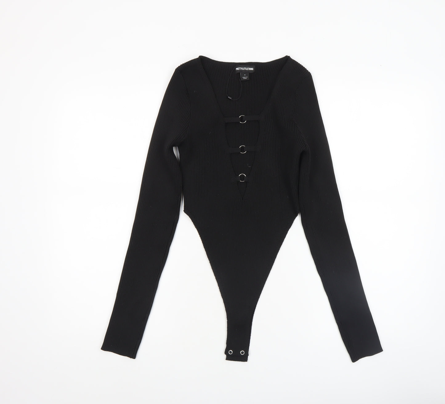 PrettyLittleThing Women’s Black Ribbed Long Sleeve Bodysuit Size M