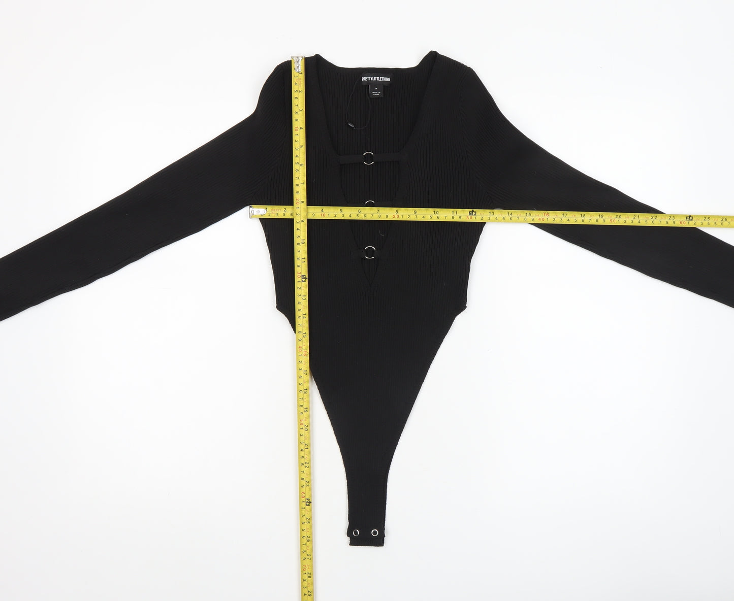 PrettyLittleThing Women’s Black Ribbed Long Sleeve Bodysuit Size M