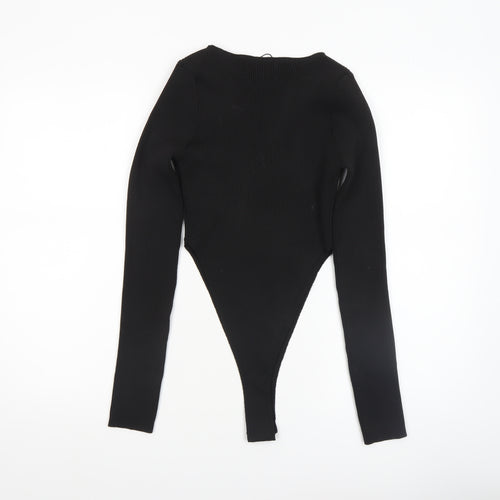 PrettyLittleThing Women’s Black Ribbed Long Sleeve Bodysuit Size M