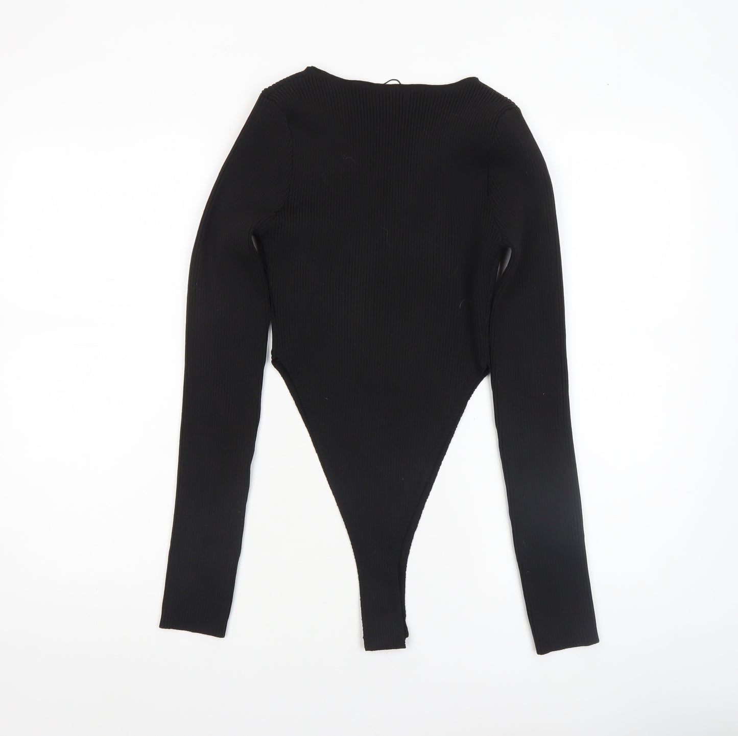 PrettyLittleThing Women’s Black Ribbed Long Sleeve Bodysuit Size M