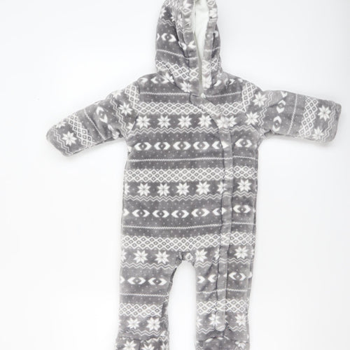 F&F Baby Unisex Grey Fair Isle Fleece Hooded Babygrow 6-9 Months Winter Warm Zip