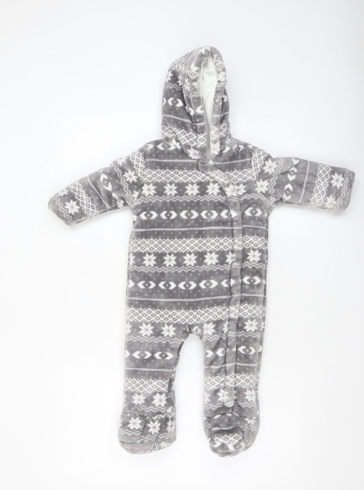 F&F Baby Unisex Grey Fair Isle Fleece Hooded Babygrow 6-9 Months Winter Warm Zip