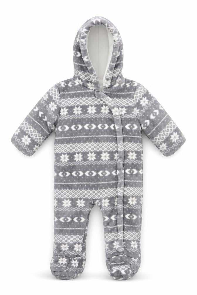 F&F Baby Unisex Grey Fair Isle Fleece Hooded Babygrow 6-9 Months Winter Warm Zip