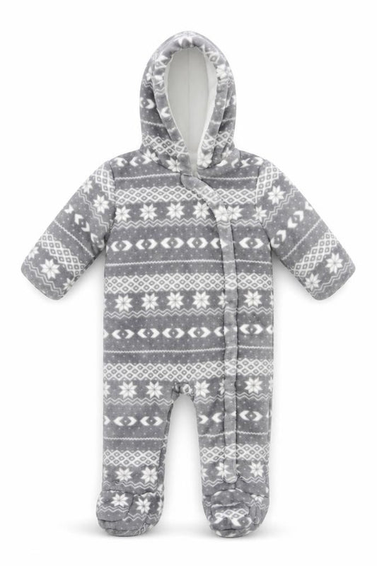 F&F Baby Unisex Grey Fair Isle Fleece Hooded Babygrow 6-9 Months Winter Warm Zip