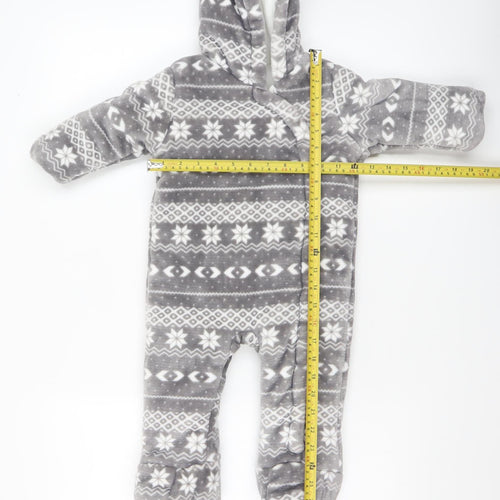 F&F Baby Unisex Grey Fair Isle Fleece Hooded Babygrow 6-9 Months Winter Warm Zip
