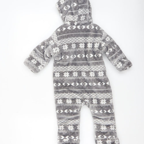 F&F Baby Unisex Grey Fair Isle Fleece Hooded Babygrow 6-9 Months Winter Warm Zip