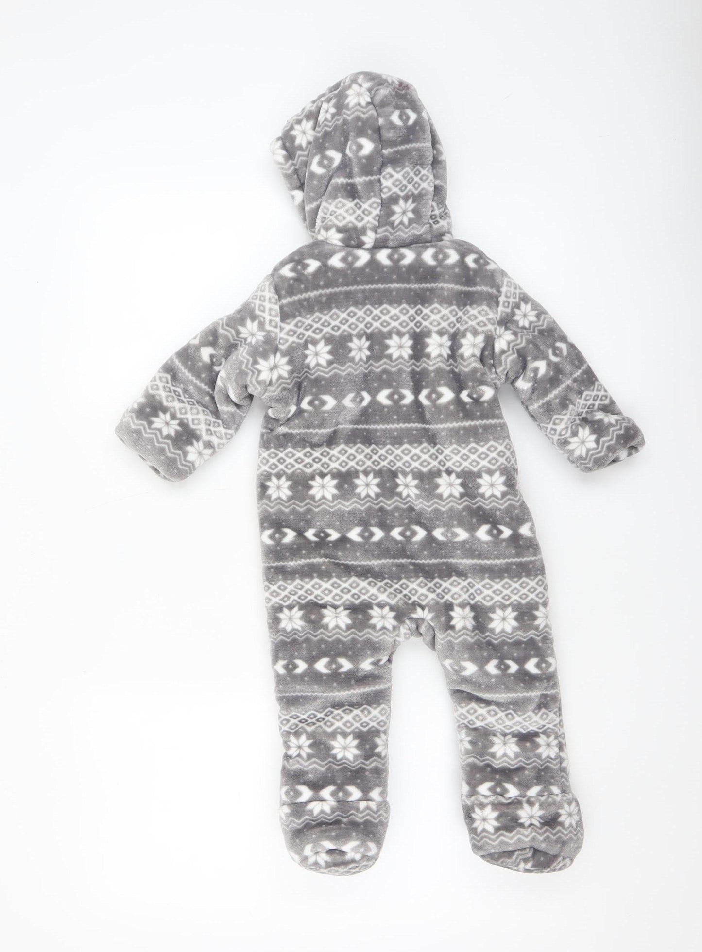 F&F Baby Unisex Grey Fair Isle Fleece Hooded Babygrow 6-9 Months Winter Warm Zip