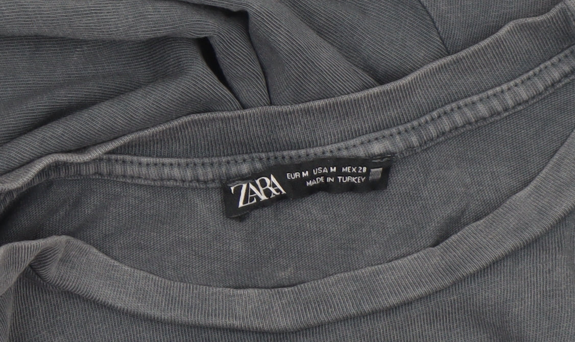 Zara Women Grey Cotton Relaxed Fit Short Sleeve T-Shirt Size 12