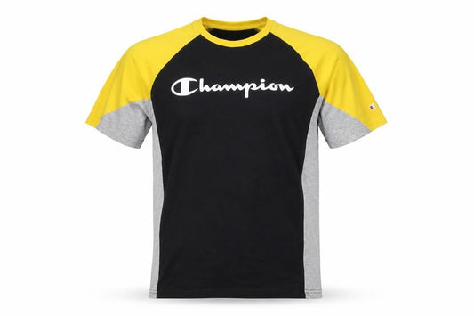 Front view of Champion Men’s Black Yellow Grey Colourblock Sports T-Shirt, size S