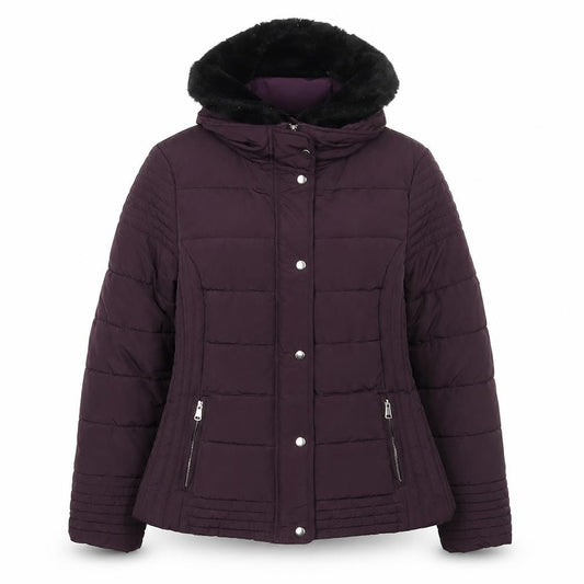 Front view of Dunnes women’s purple faux fur collar puffer jacket, size UK 14