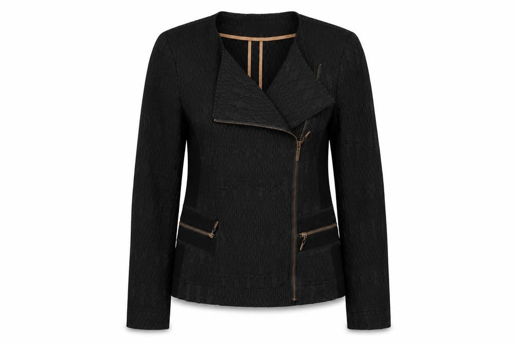 Front view of Kapalua women’s black slim fit biker jacket, size UK 10