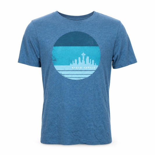 Front view of Space Needle Men’s Blue Graphic City Print Crew Neck T-Shirt, size S