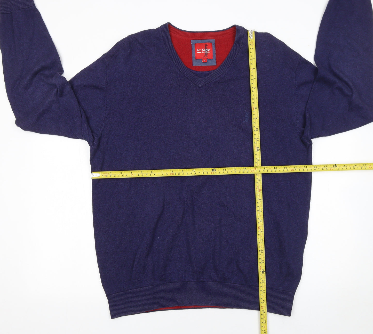 6th Sense Men's Blue Cotton V-Neck Pullover Jumper XL