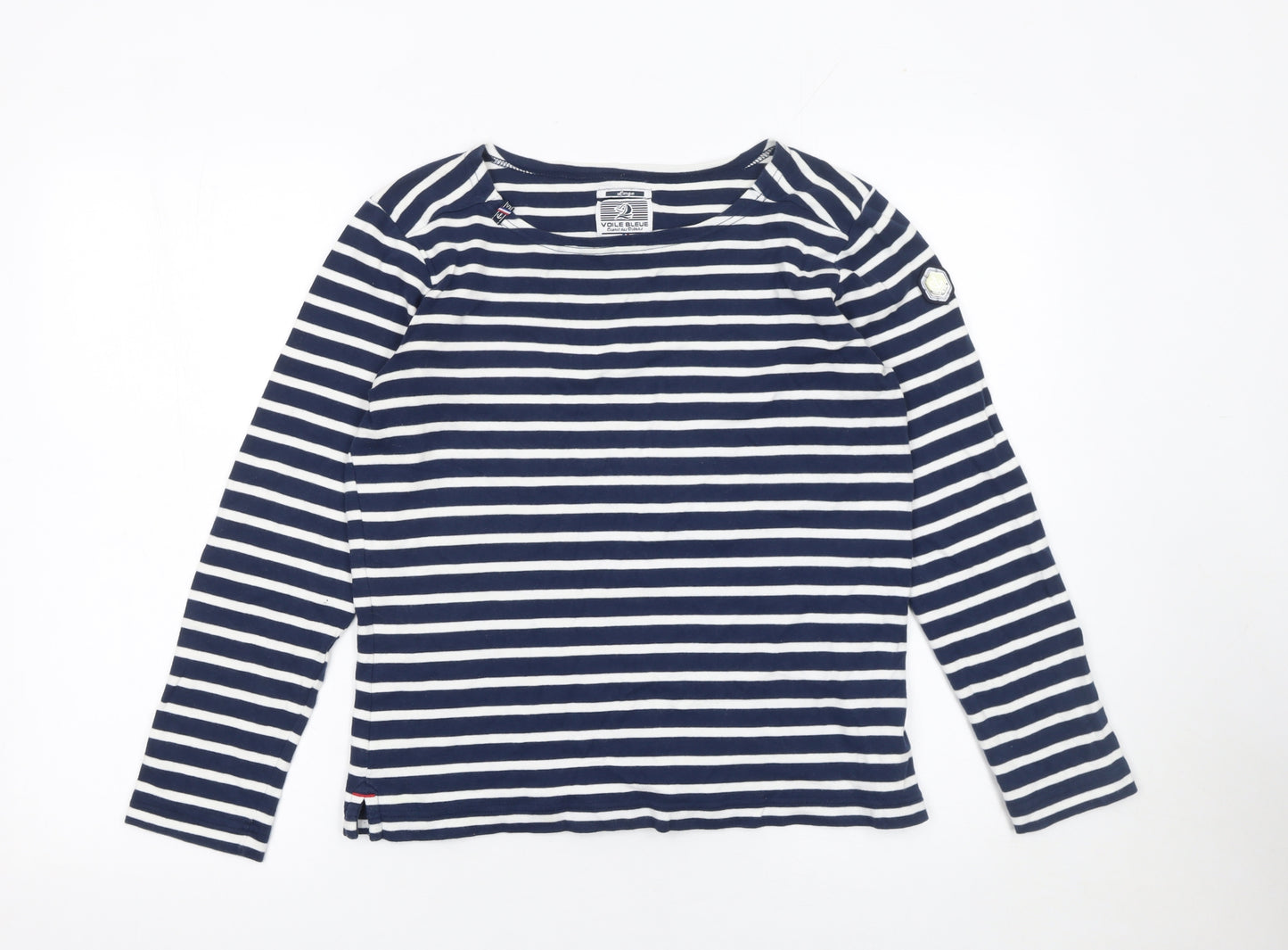 Voile Bleue Women's Blue White Striped Long Sleeve Nautical Cotton Top Size L