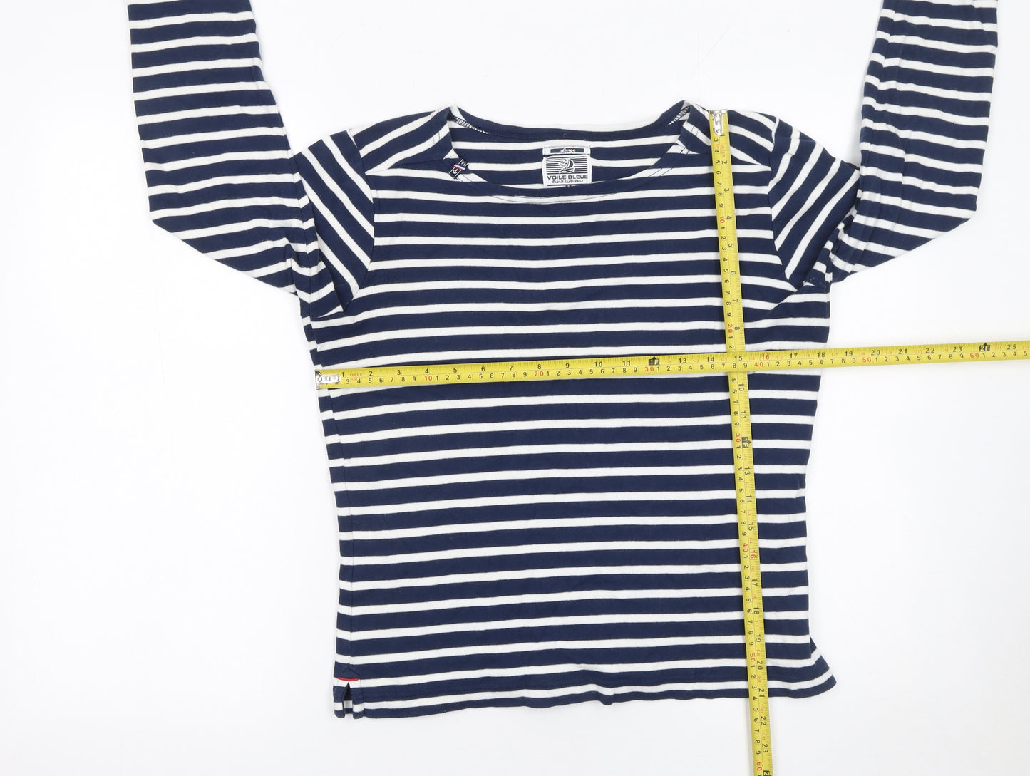 Voile Bleue Women's Blue White Striped Long Sleeve Nautical Cotton Top Size L