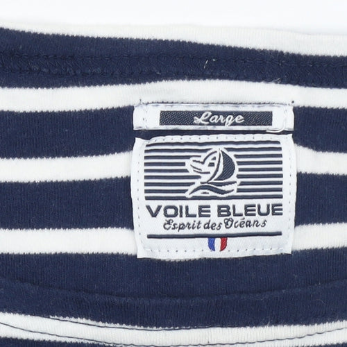 Voile Bleue Women's Blue White Striped Long Sleeve Nautical Cotton Top Size L
