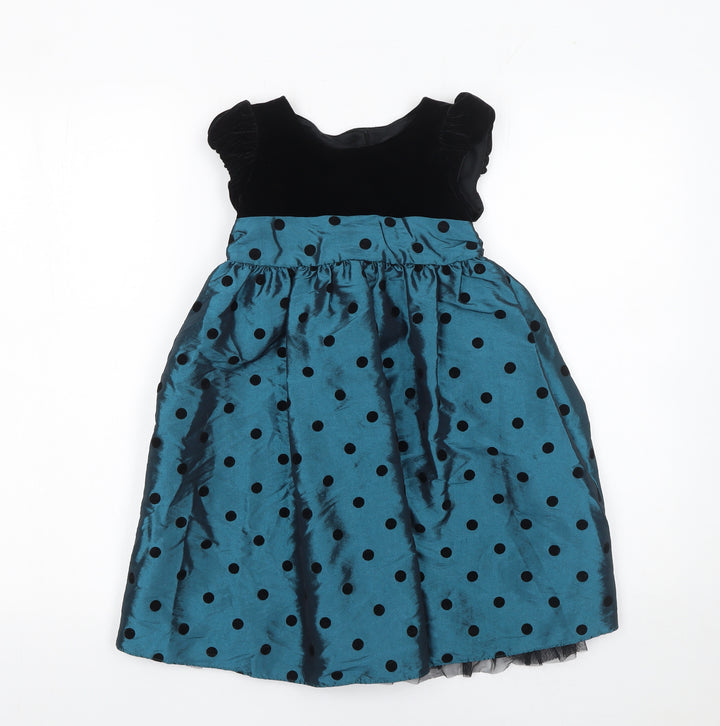 F&F Girls Blue & Black Polka Dot Fit & Flare Party Dress 4-5 Years Velvet Bow