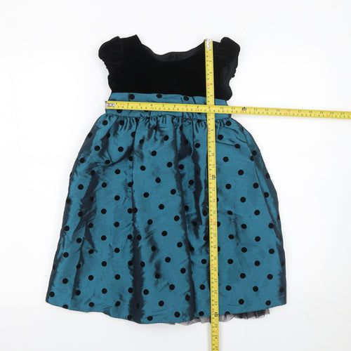 F&F Girls Blue & Black Polka Dot Fit & Flare Party Dress 4-5 Years Velvet Bow