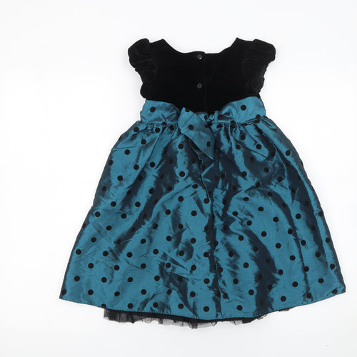 F&F Girls Blue & Black Polka Dot Fit & Flare Party Dress 4-5 Years Velvet Bow