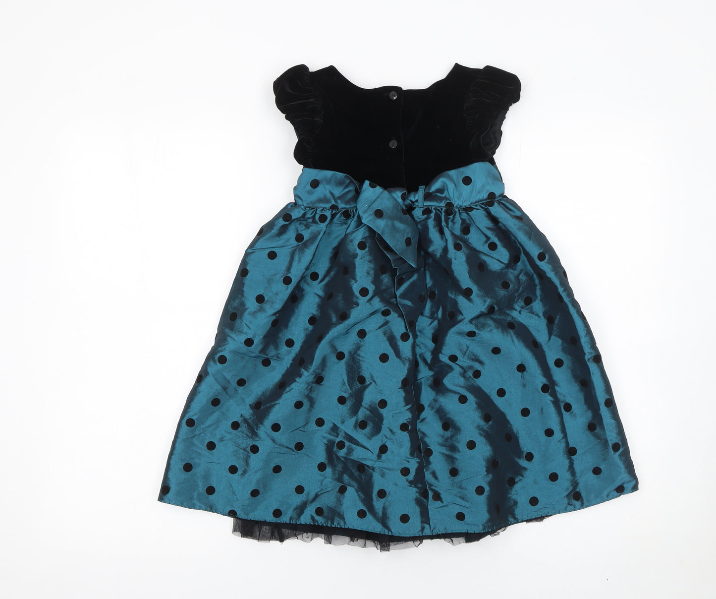 F&F Girls Blue & Black Polka Dot Fit & Flare Party Dress 4-5 Years Velvet Bow