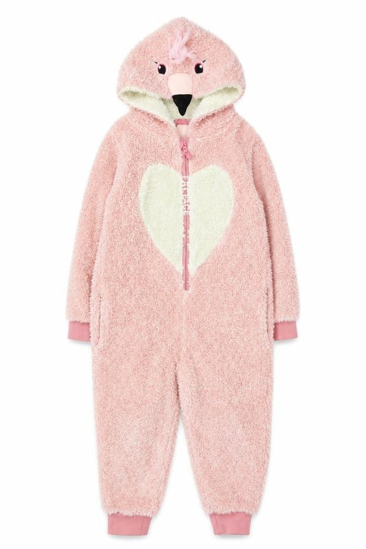 Fat Face Girls Pink Hooded Fleece One Piece 8-9 Years Winter Zip Nightwear