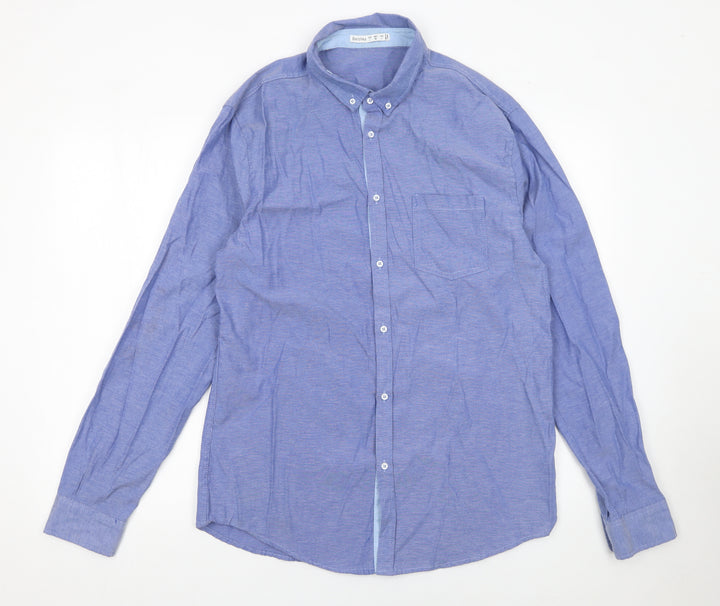Bershka Men's Blue Regular Fit Button-Down Long Sleeve Casual Shirt Size L