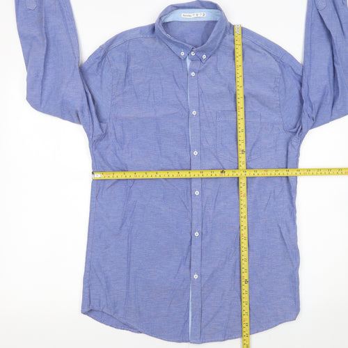Bershka Men's Blue Regular Fit Button-Down Long Sleeve Casual Shirt Size L