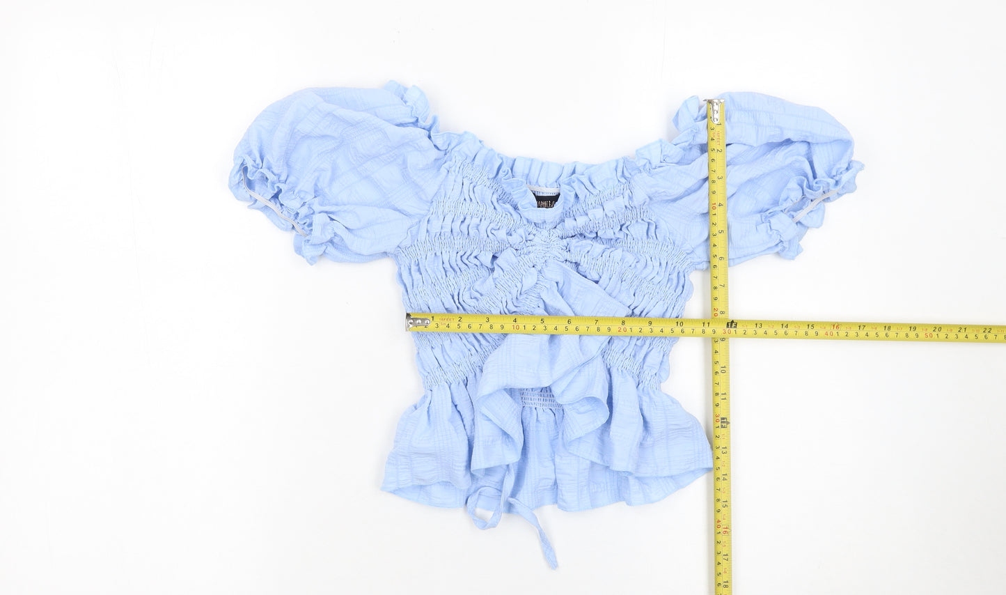 Pink Vanilla Women’s Blue Cropped Off Shoulder Puff Sleeve Blouse L