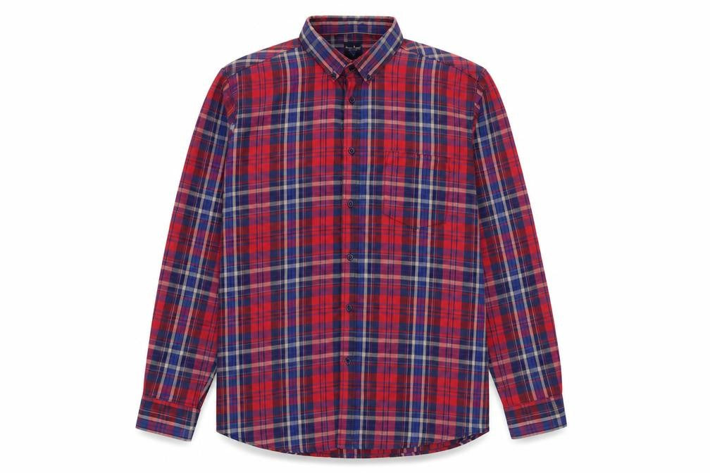 Front view of James Pringle Men’s Red Plaid Button-Down Long Sleeve Shirt XL