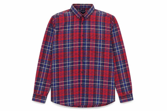 Front view of James Pringle Men’s Red Plaid Button-Down Long Sleeve Shirt XL