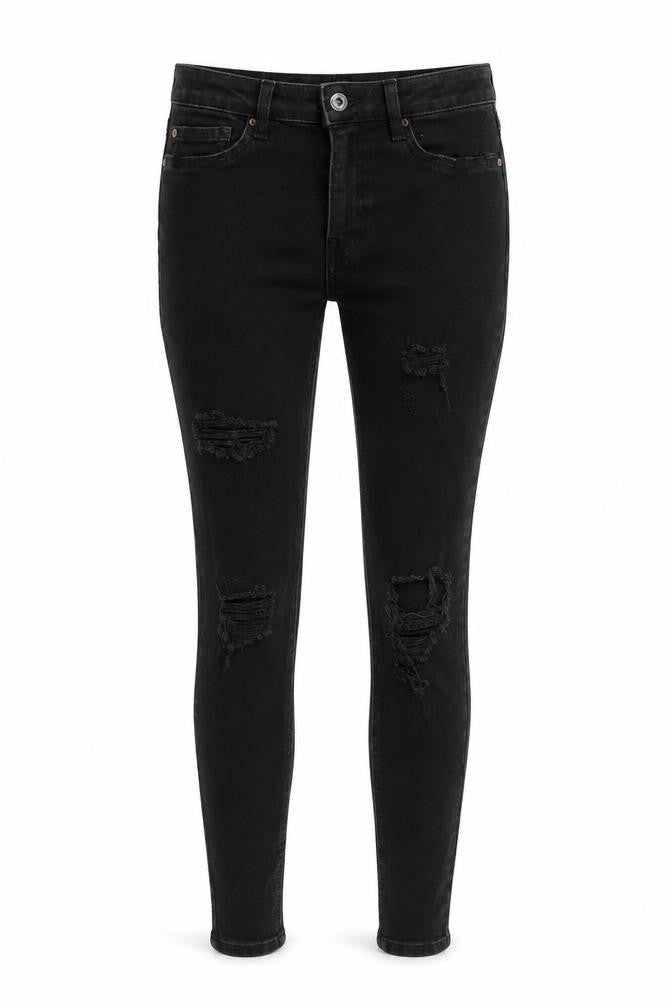 Front view of Bershka Women's Black Skinny Distressed Jeans, size 10