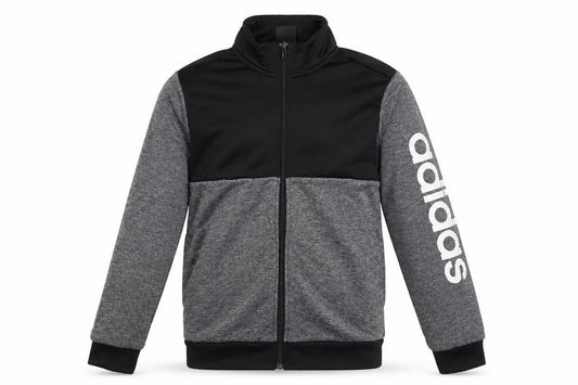 Front view of Adidas boys’ grey & black track jacket, size 13-14y full zip activewear