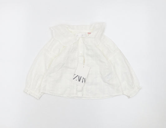 Zara Girls White Cotton Embroidered Blouse 2 Years Long Sleeve Lightweight