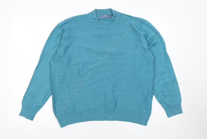 Castle of Ireland Women's Blue Mock Neck Beaded Jumper Size M