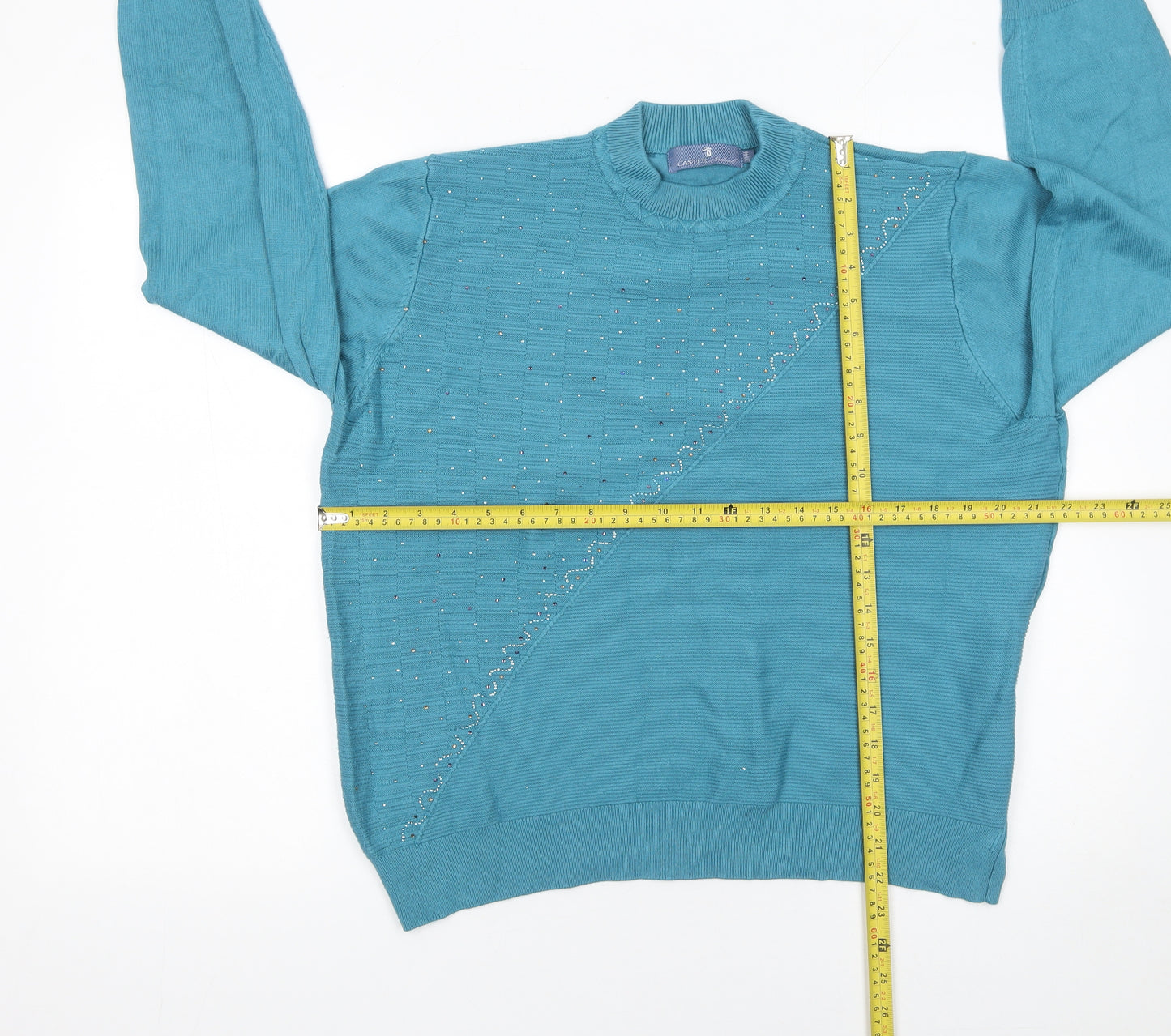 Castle of Ireland Women's Blue Mock Neck Beaded Jumper Size M