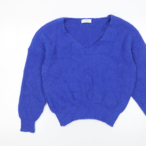 QUIZ Women Blue V-Neck Long Sleeve Chunky Knit Jumper Size S