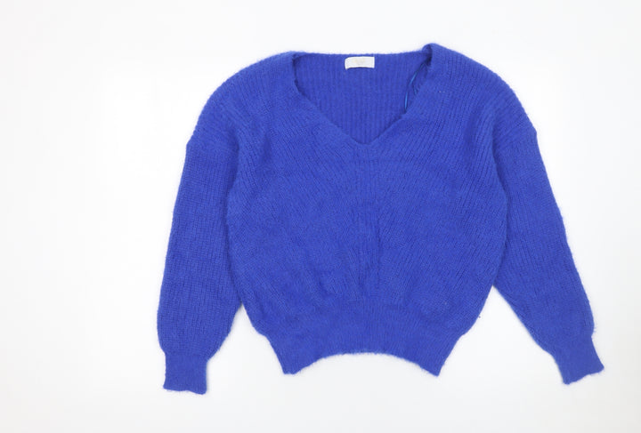 QUIZ Women Blue V-Neck Long Sleeve Chunky Knit Jumper Size S
